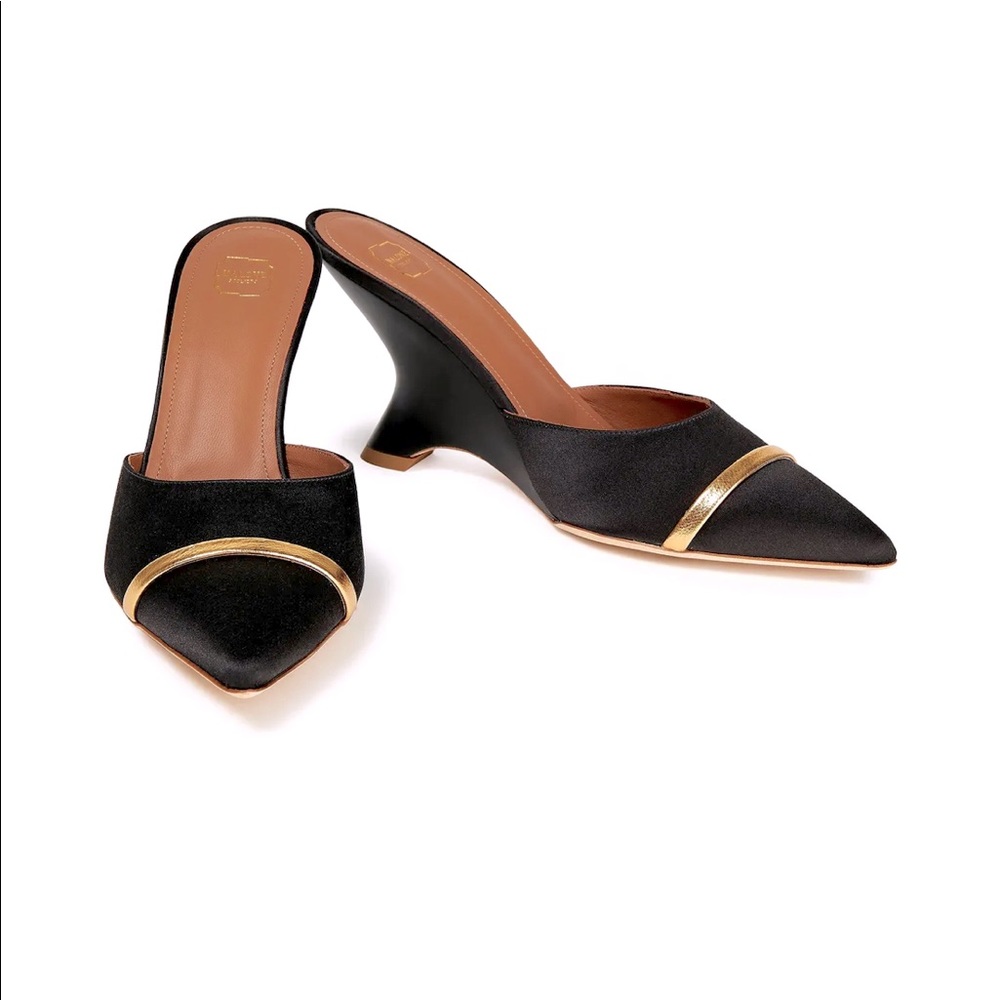 Malone Souliers Women's Black w/ gold Marilyn 80 Satin Wedge Mules sz 41